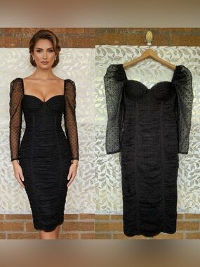 Self-Portrait Black Tulle Ruched Bustier Midi Dress Whimsigoth US 6